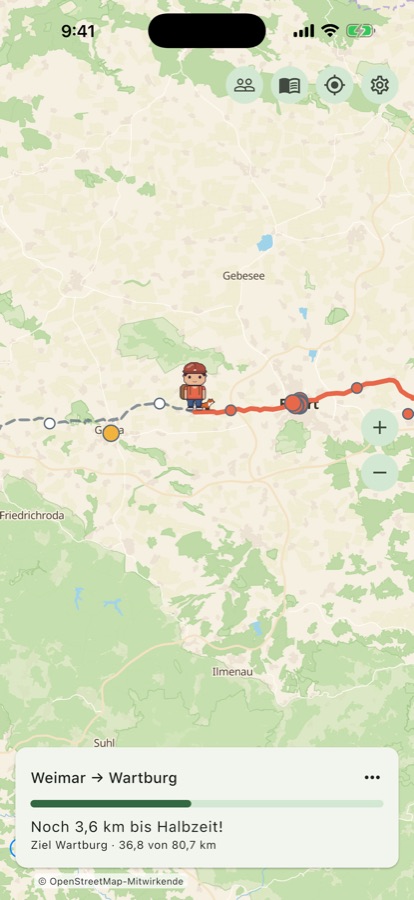 Weitlauf-Karte: der Avatar auf dem Weg von Weimar zur Wartburg