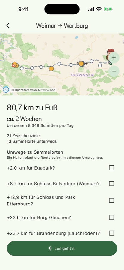 Routenvorschau: 80,7 km von Weimar zur Wartburg, ca. 2 Wochen