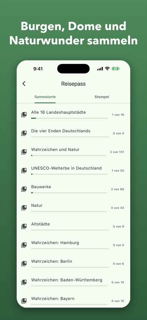 Screenshot: Reisepass mit Sammelorten